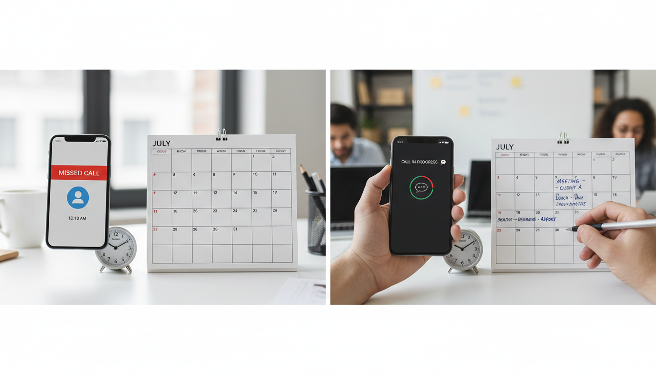 A split-screen comparison showing a missed call notification on a phone next to a calendar with no appointments vs. a phone conversation in progress with appointments being filled in real-time