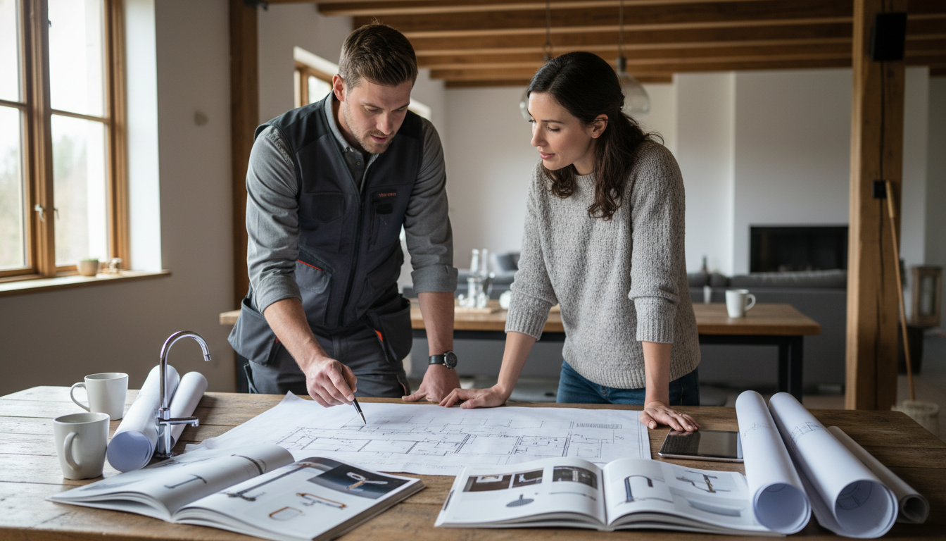 A plumber reviewing renovation plans with a homeowner at a design consultation, with fixture catalogs and layout drawings spread across a table