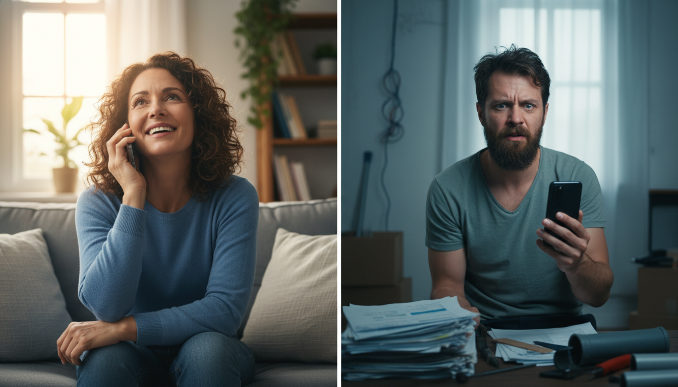 Split screen comparison showing homeowner on phone looking relieved after immediate answer versus frustrated homeowner getting voicemail