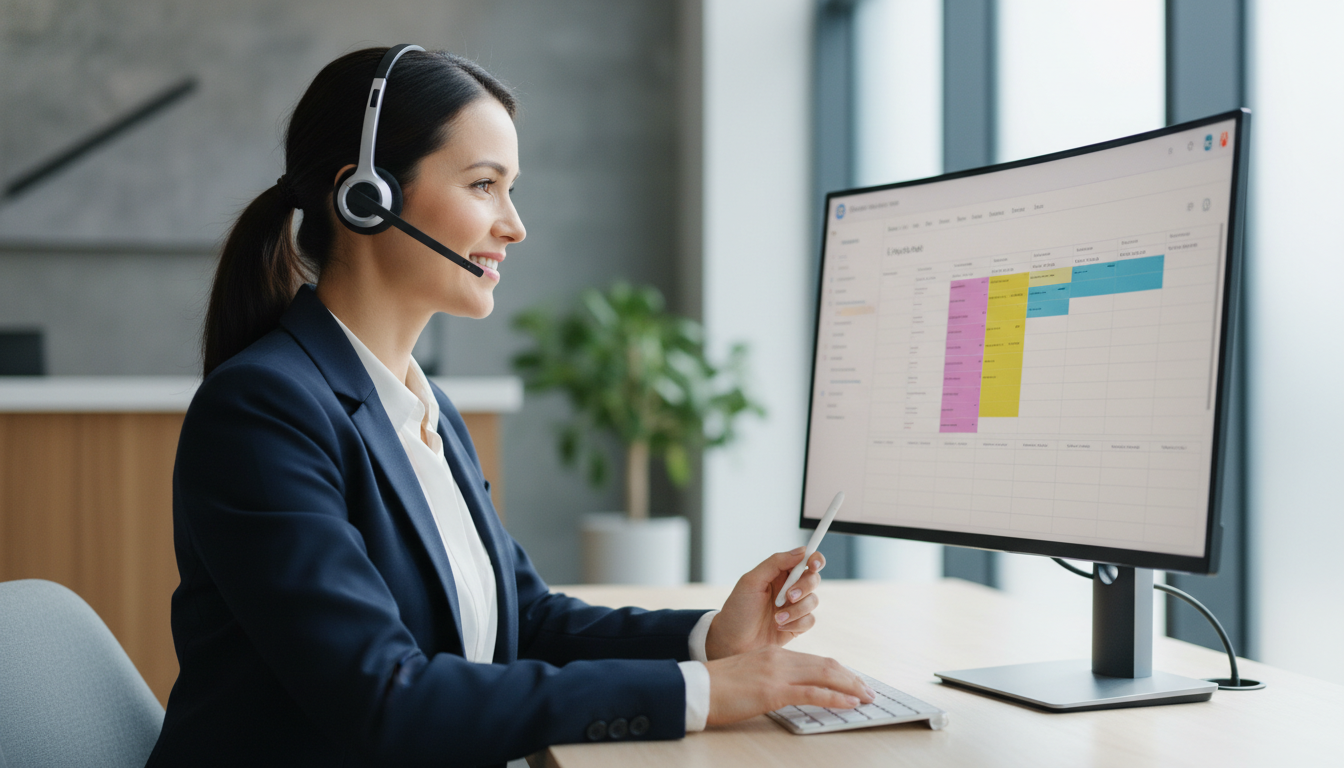 Professional front office team member wearing headset while booking appointment on computer, appearing confident and organized
