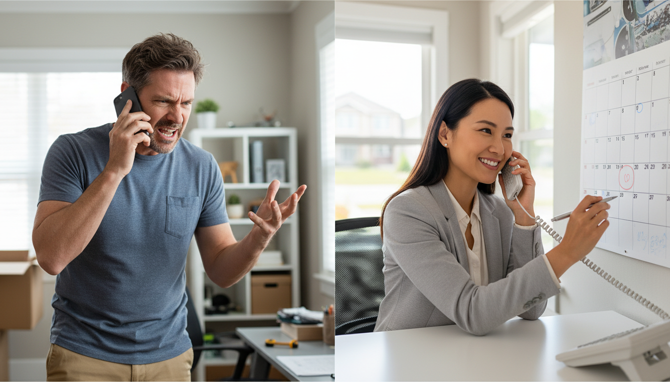 Split-screen comparison showing a frustrated homeowner leaving a voicemail on one side, and a relieved homeowner talking to a live person on the other side while looking at a calendar