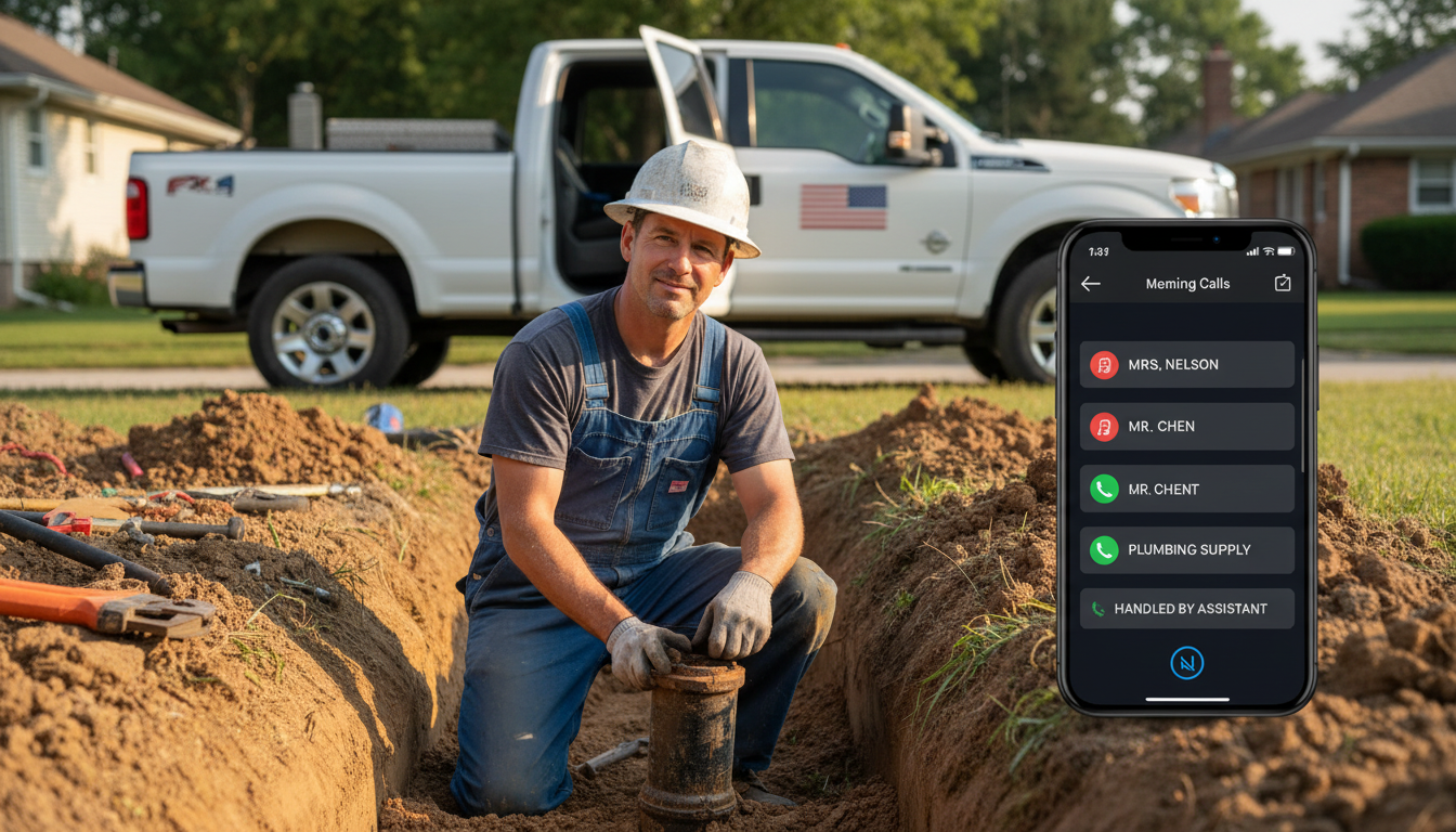 A plumber working confidently on a sewer line excavation while their phone sits silently on their truck dashboard, showing multiple incoming calls being handled by someone else