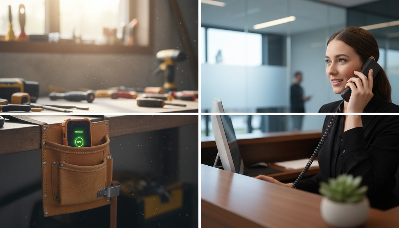 Split screen showing a ringing phone on a tool belt next to a phone being answered by a receptionist at a desk