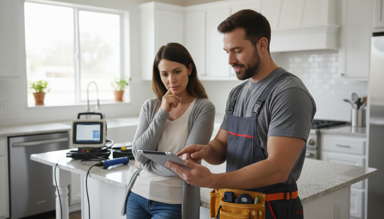 Plumber presenting a repair quote to a homeowner in a kitchen with detection equipment visible in the background