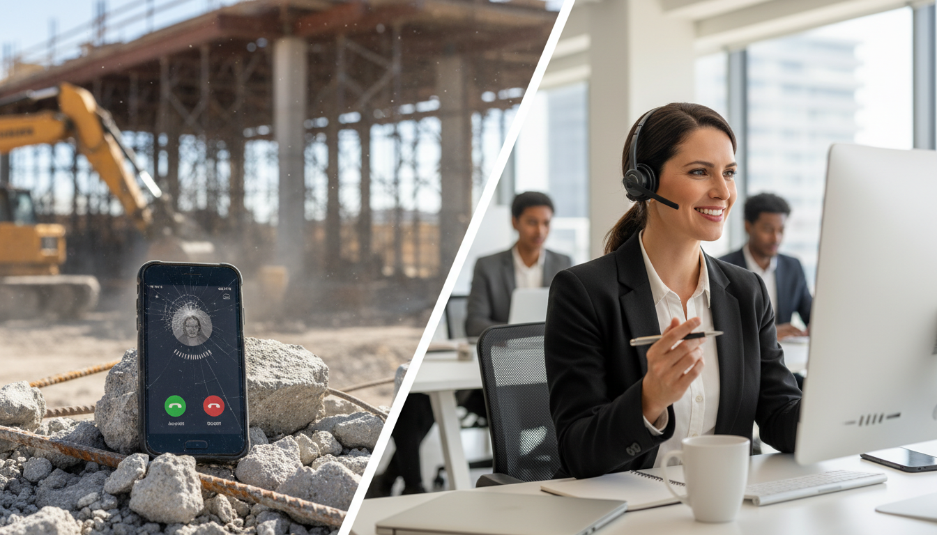 Split screen showing a phone ringing unanswered on a job site versus a professional office team member confidently answering a call with a headset