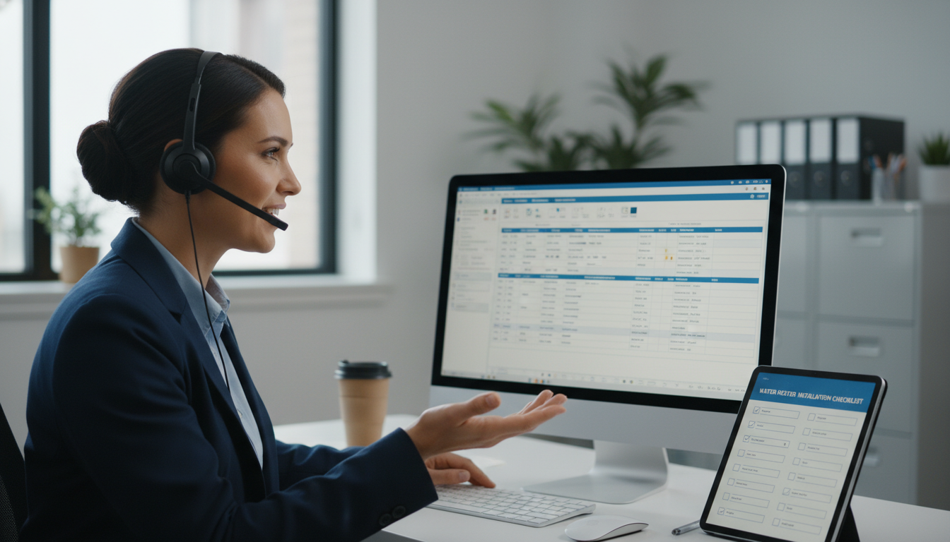 A professional team member reviewing a plumbing schedule on a computer screen while talking on a headset, with a water heater installation checklist visible