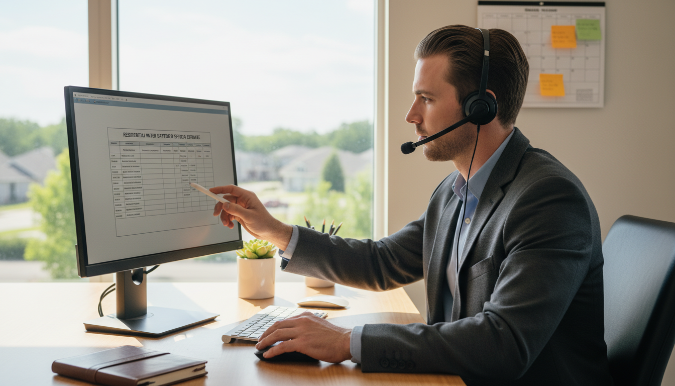 A professional office team member on a headset reviewing a water softener quote on a computer screen, organized desk with scheduling calendar visible