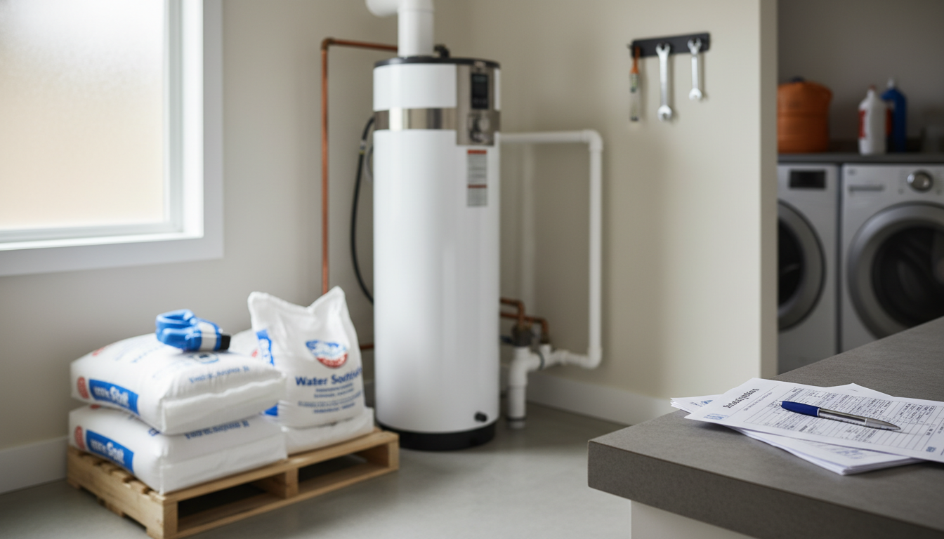 A modern water softener system installed in a clean garage or utility room, with salt bags stacked neatly nearby and service agreement paperwork visible