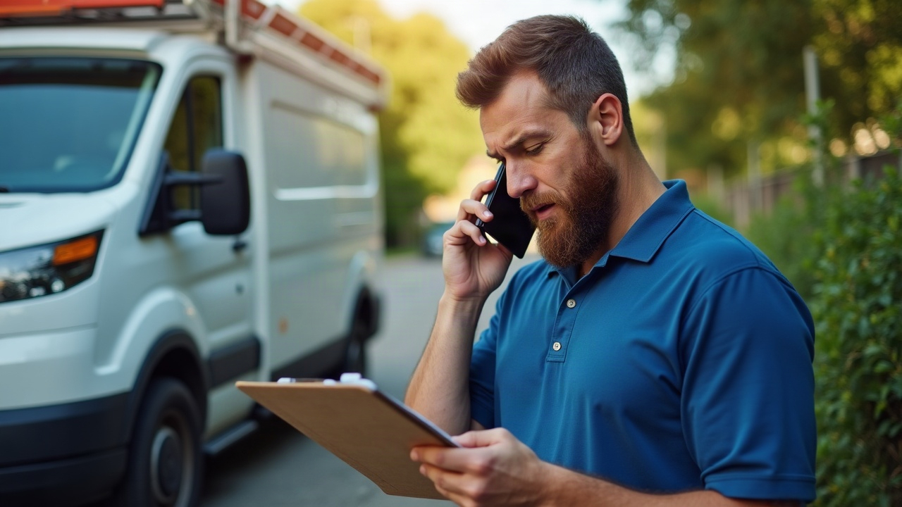 Pool service business owner on phone next to service truck, looking stressed while checking schedule on clipboard, representing the challenge of managing calls while on the job