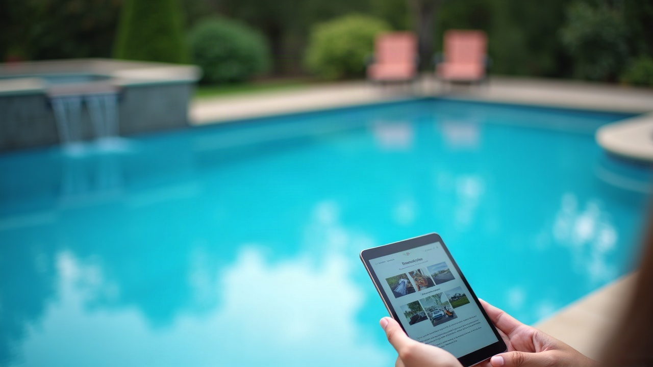 Clean, sparkling residential pool with pool service equipment visible in foreground and a tablet or phone showing a service report or before/after photos, representing documentation and communication of ongoing value
