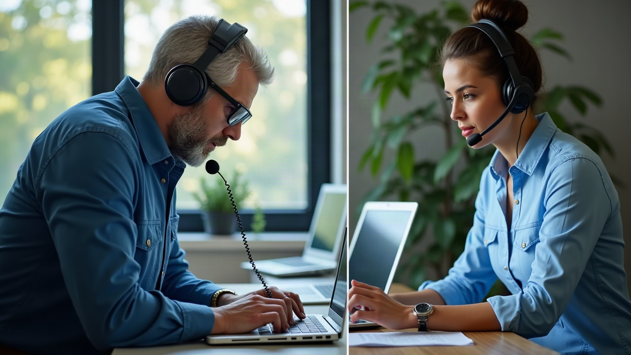 Split screen showing pool service technician working on equipment on one side, professional front office team member answering phones with headset on the other side