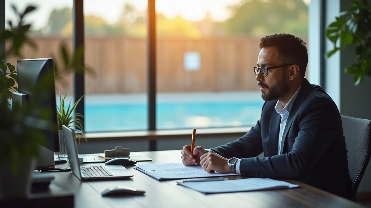 Facility manager in office reviewing service contracts on desk with pool facility visible through window in background, early morning or evening lighting