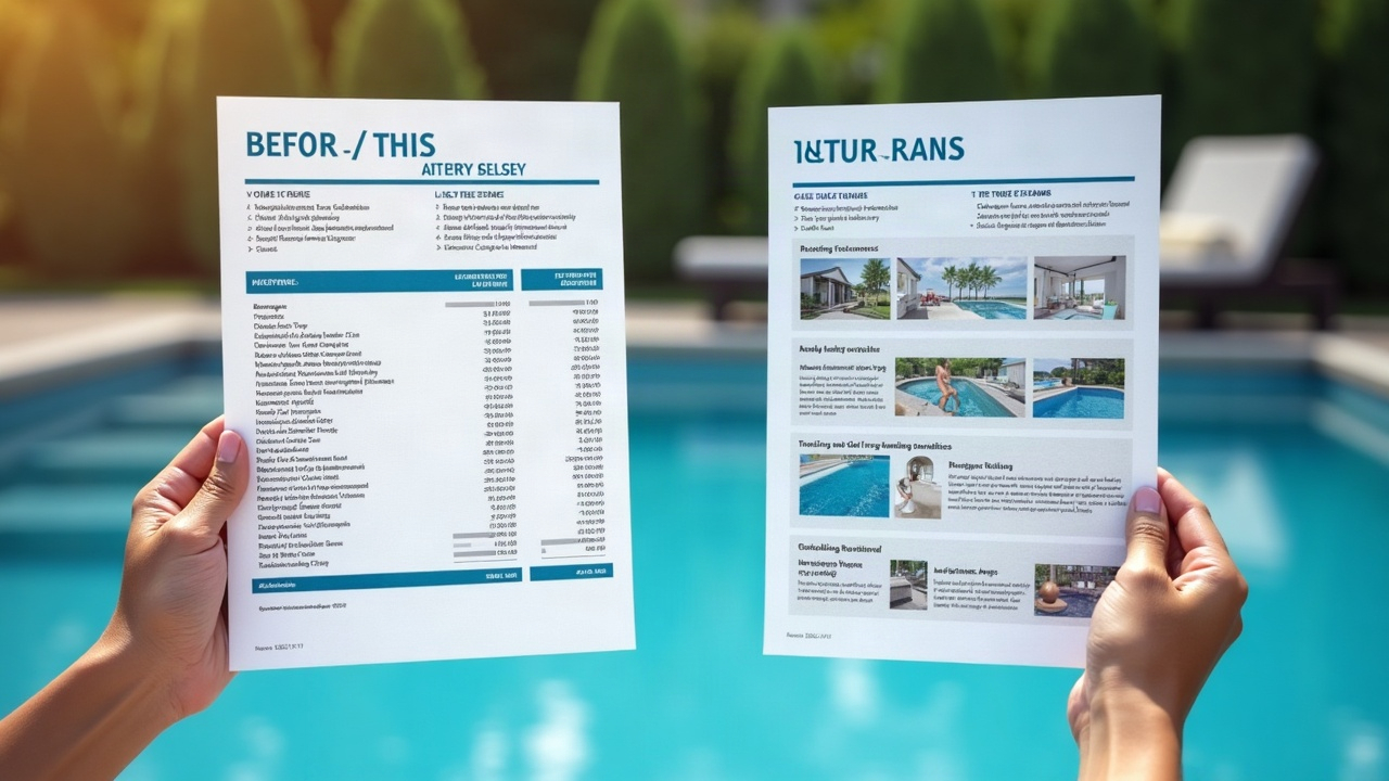 Before/after comparison of a pool company's proposal presentation: left side showing a basic line-item pool estimate, right side showing a three-tier package with integrated design renderings