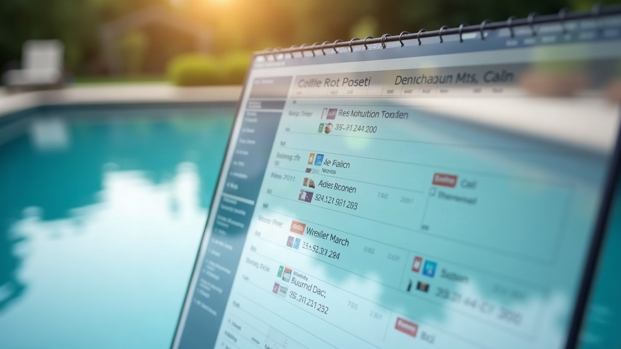 Pool builder's calendar showing multiple consultation appointments scheduled throughout the week, with incoming call notification overlay showing immediate booking