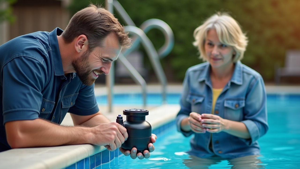 Pool service professional installing a cartridge filter while customer watches approvingly, emphasizing the service aspect