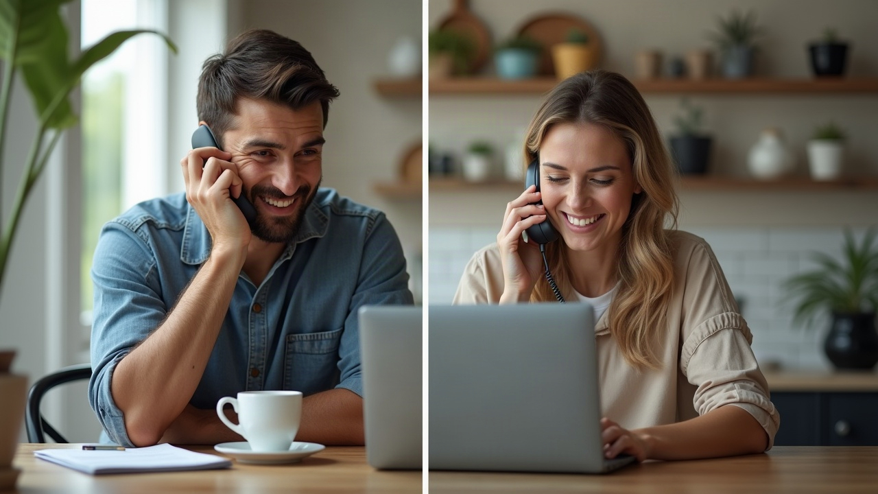 Split-screen comparison showing a frustrated homeowner waiting on hold on one side, and a smiling homeowner on a confirmed phone call on the other side, with a 