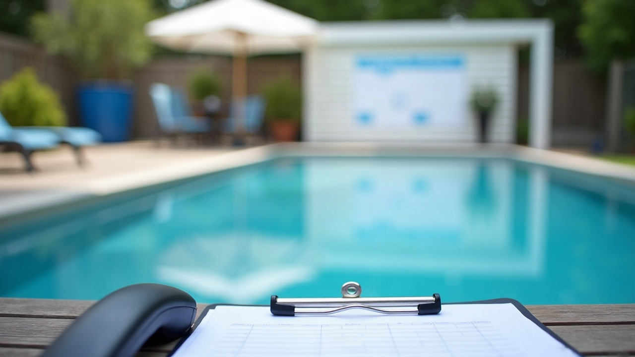 A pool service calendar or scheduling board showing multiple same-day and next-day cartridge replacement appointments being booked, with a phone and clipboard in the foreground