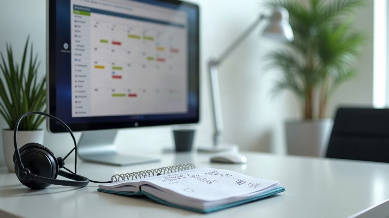 A clean, organized office desk with a headset, computer screen showing a booking calendar, and a notepad with pool service appointments listed