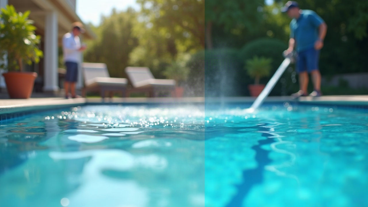Before-and-after comparison of a cloudy pool transforming to crystal clear water, with a pool service technician testing water chemistry in the