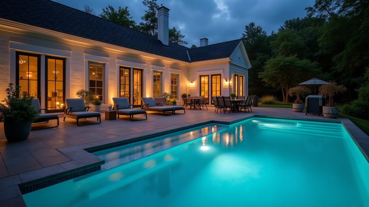 A luxury backyard pool at dusk with lighting, showing a family relaxing by the water, representing the dream that drives evening and weekend inquiries