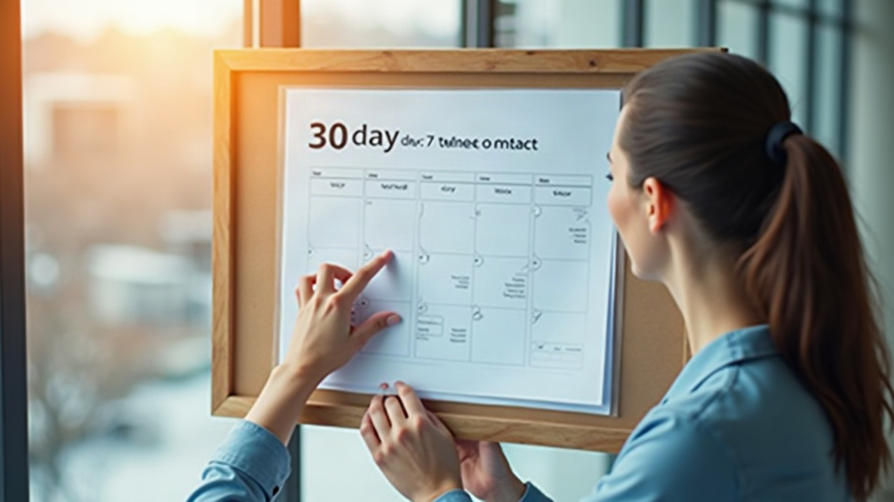 Calendar or timeline graphic showing the 30-day post-installation touchpoint schedule with key contact moments marked at days 3, 7, 14, and 28