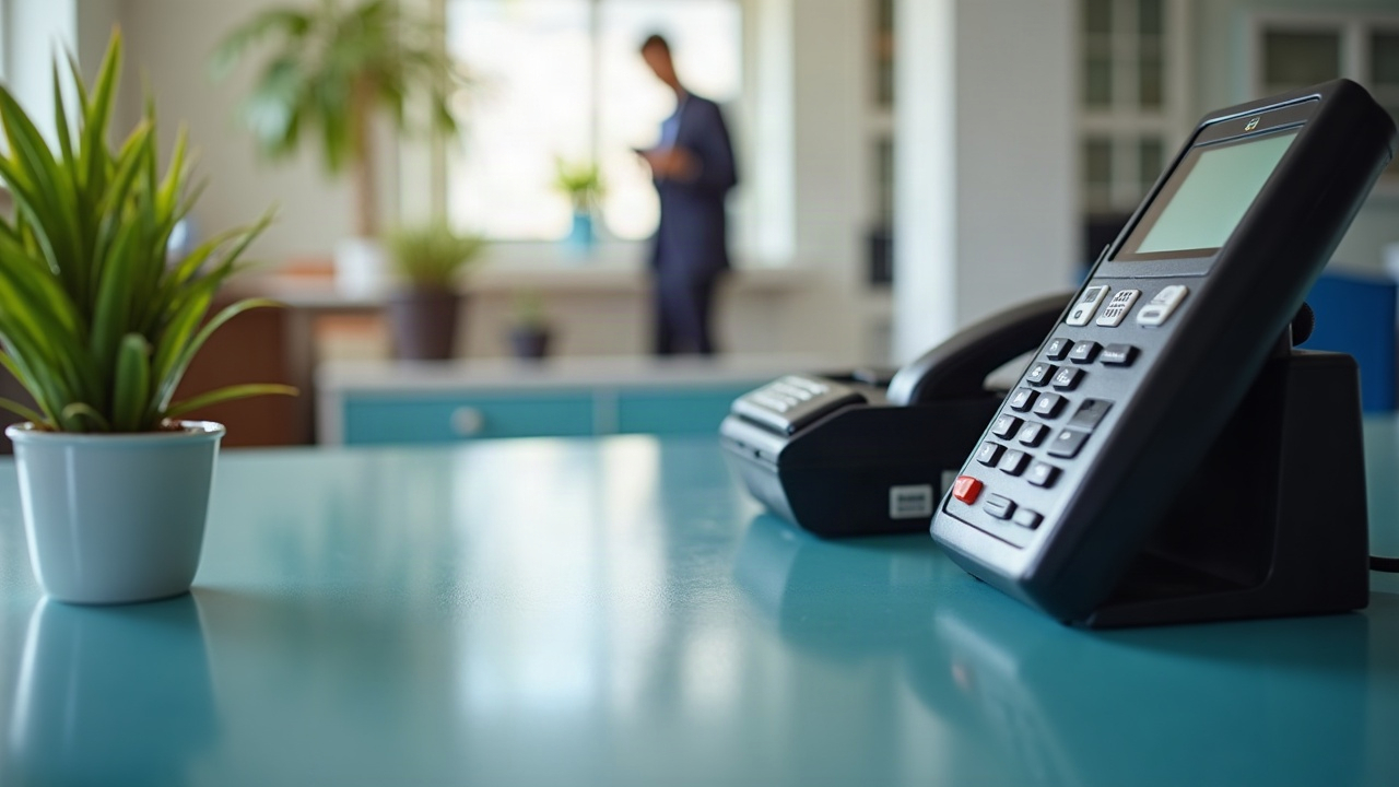 Pool company office setting showing a phone and payment terminal, suggesting the human element of deposit collection