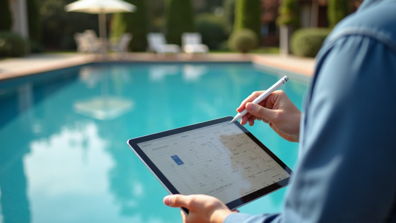 Pool company owner reviewing lost quotes on a tablet, with a calendar showing days elapsed between approval and competitor closing