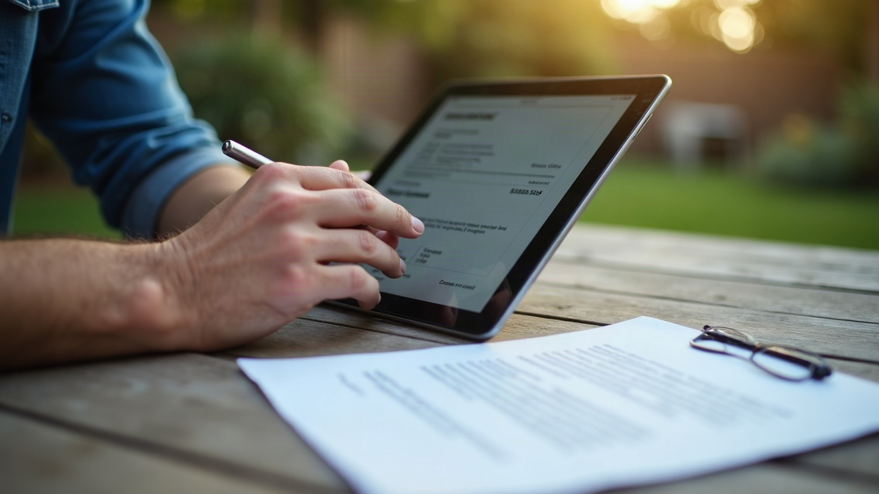 Pool builder completing a deposit transaction on a tablet at a customer's backyard table, with a signed contract visible
