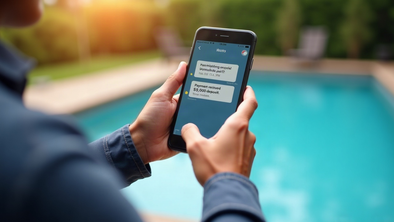 Screenshot-style mockup of a text message thread showing a pool company sending a payment link, homeowner clicking it, and 