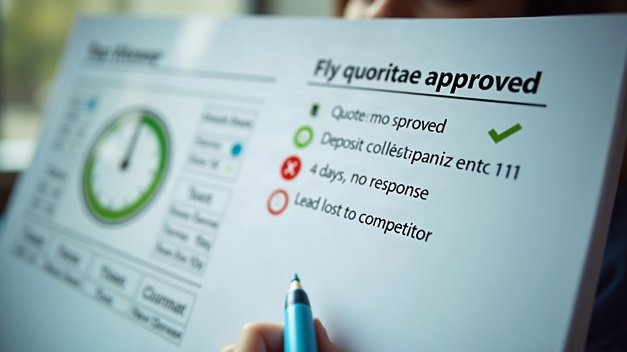 Calendar visualization showing a quote approved on Monday at 3 PM with a 24-hour countdown clock, deposit collected Tuesday at 11 AM marked with a green checkmark, versus a red X showing 