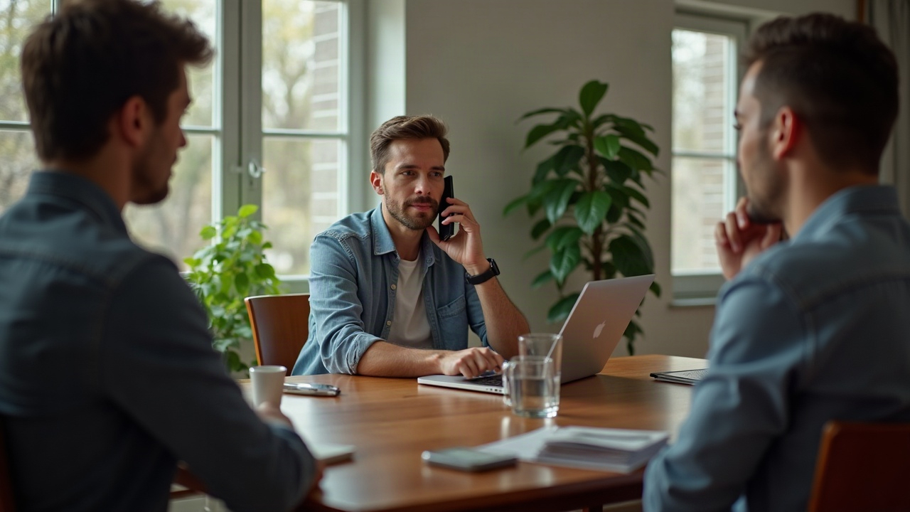 Split screen showing pool company owner trying to answer phone while at dinner table, versus professional office environment with organized call handling
