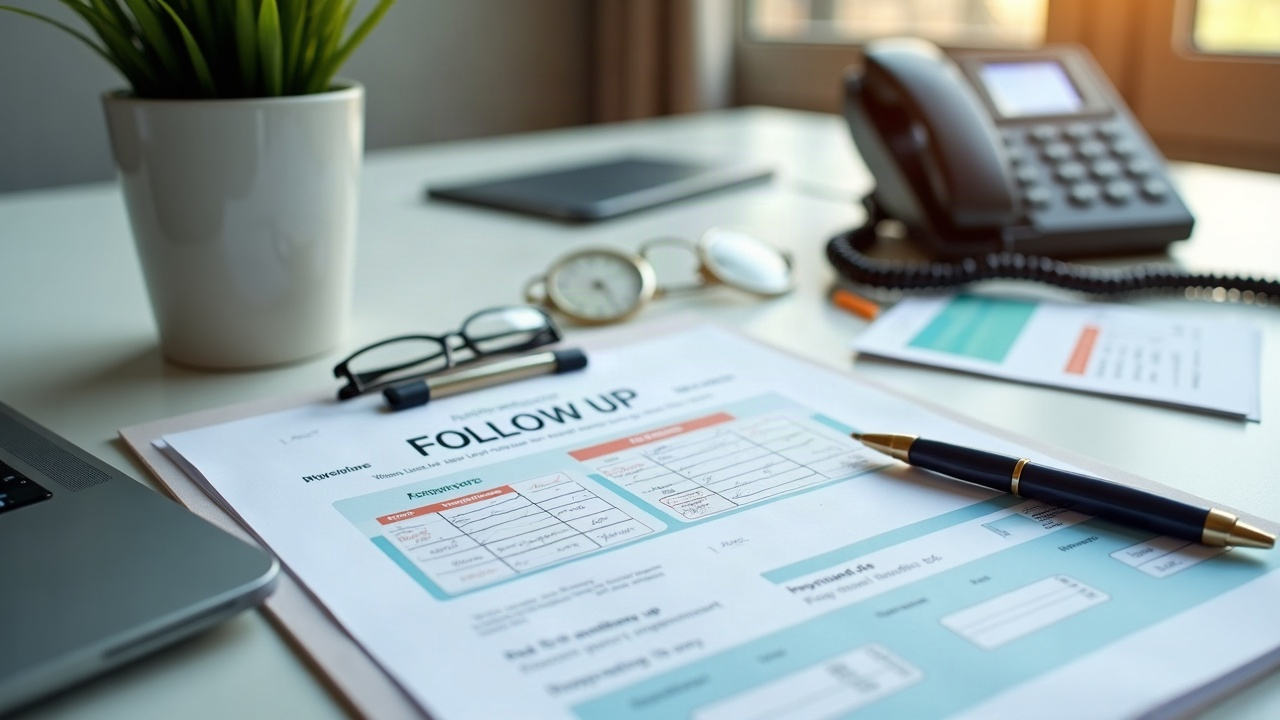 A clean, organized desk showing a calendar with scheduled follow-up appointments highlighted, a phone with a call connected, and a signed pool contract, representing operational excellence in follow-up