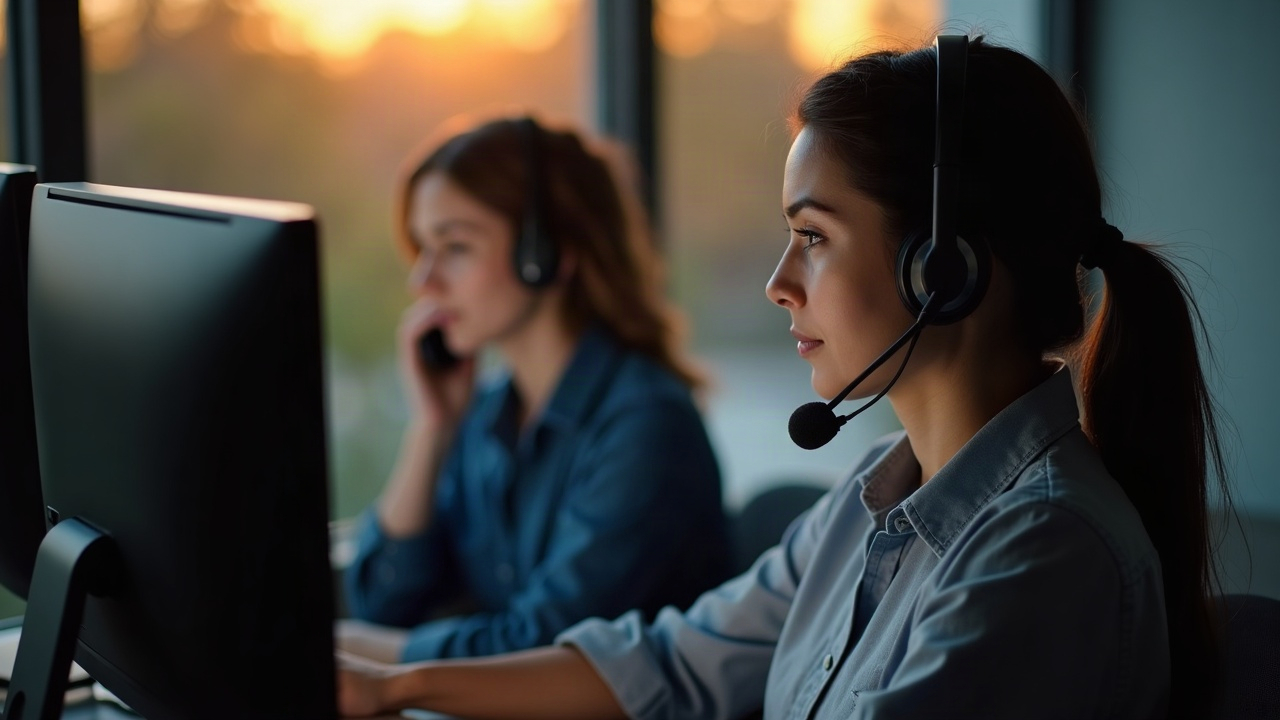 Professional female or male phone operator wearing headset, looking at computer screen at dusk/evening with warm lighting, depicting after-hours professional service