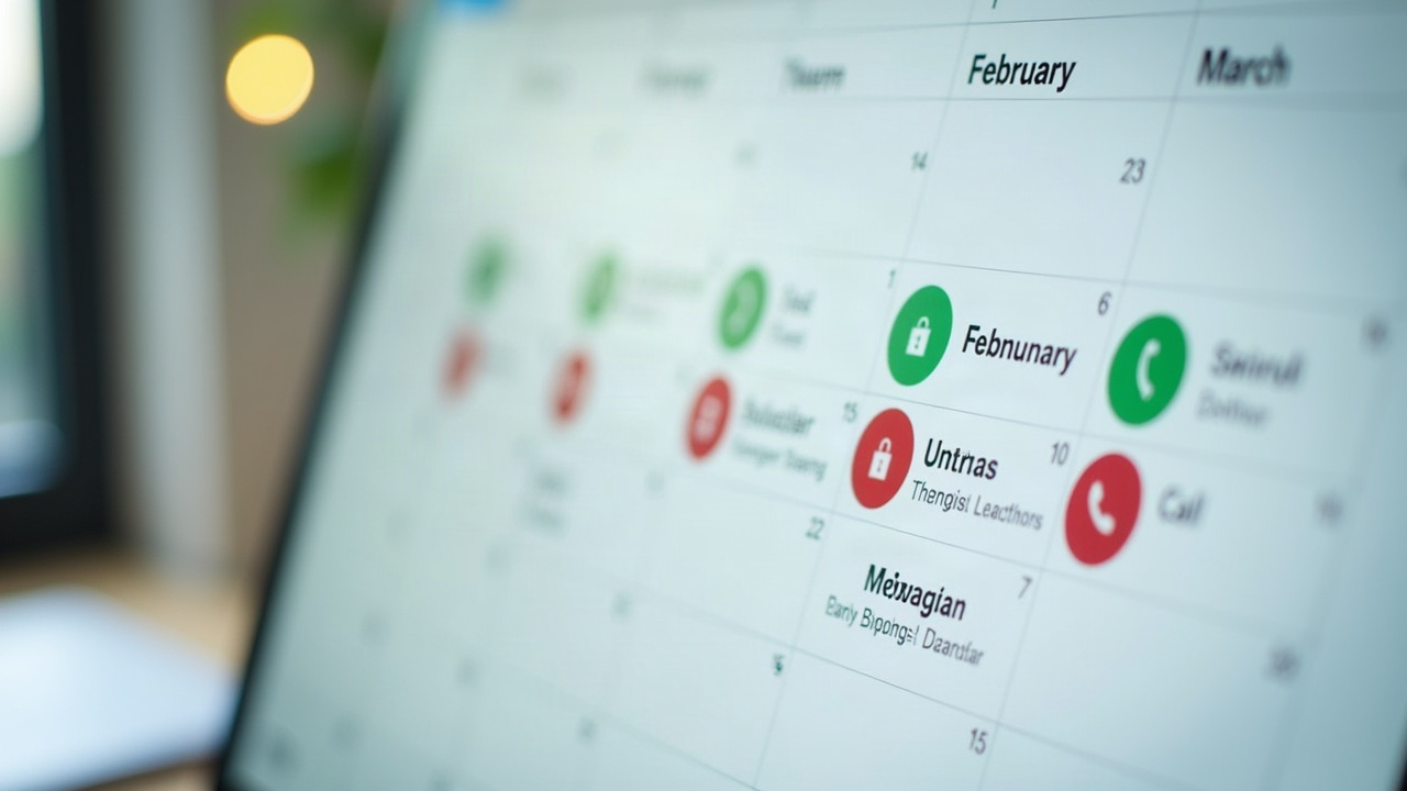 Calendar view showing February and March with call icons and booking confirmations stacking up, illustrating early pre-season scheduling