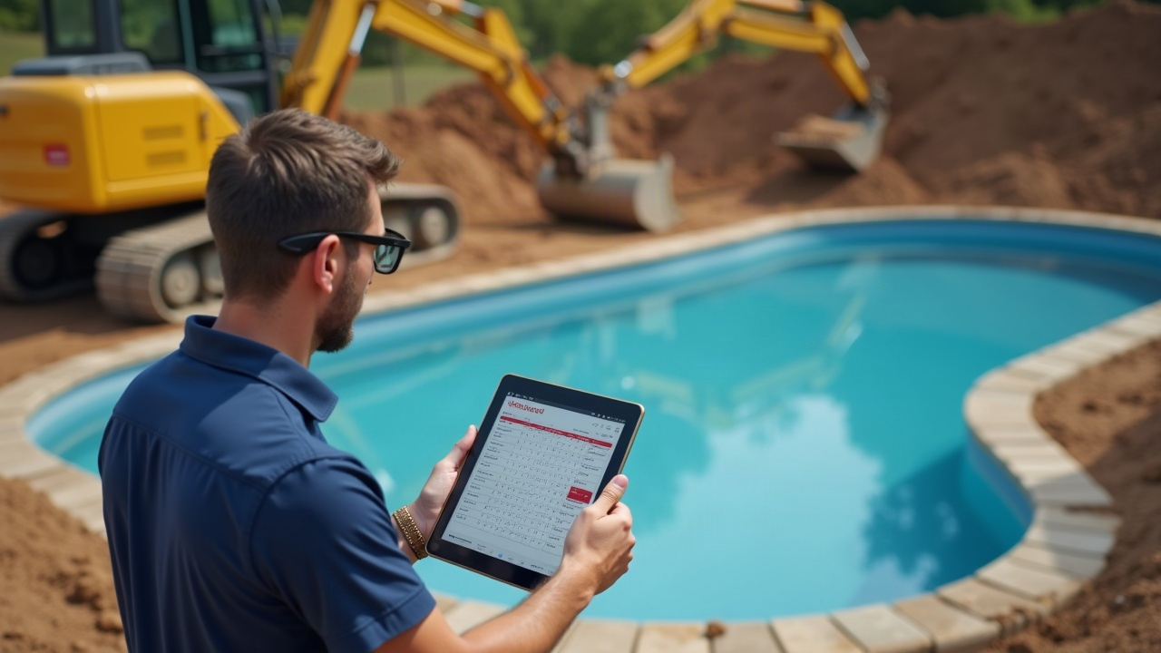 Pool company owner reviewing a tablet with a scheduled calendar full of qualified inground pool consultations, standing beside excavation equipment at a job site