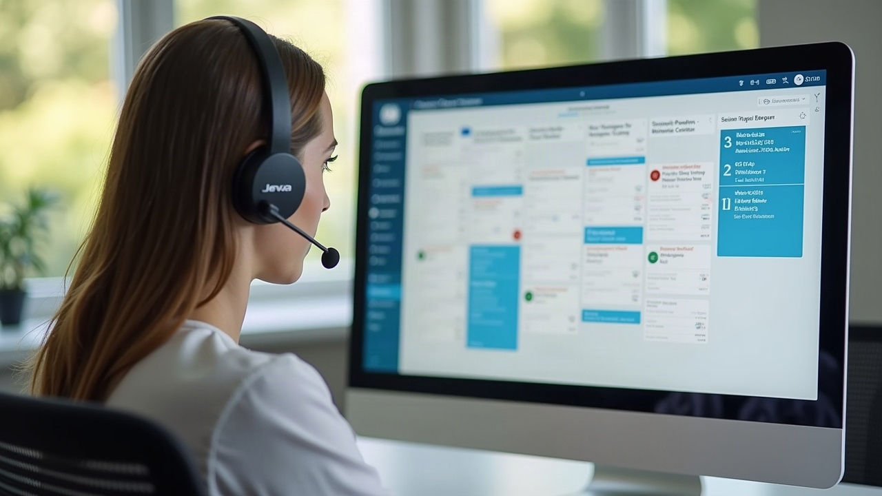 Professional front office team member at a clean desk with headset on, computer screen showing a pool company's calendar with multiple scheduled consultations highlighted