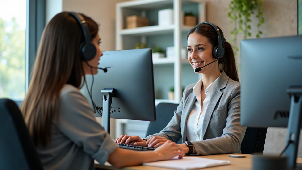 Professional woman with headset working at organized desk with dual monitors, representing a front office team member handling pool company inquiries