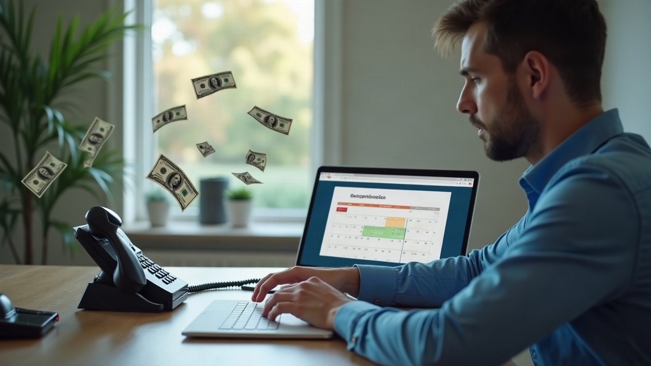 Split-screen comparison: left side shows a ringing phone going to voicemail with dollar bills floating away, right side shows a professional answering a call with a calendar filling up with service appointments