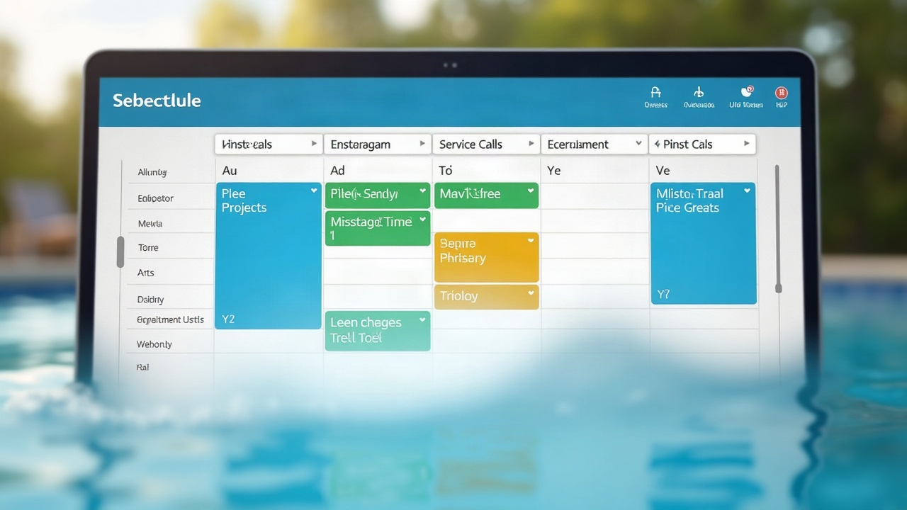 Calendar view showing a pool company's schedule during peak season with installation projects in blue, service calls in green, and maintenance appointments in yellow, all efficiently organized without conflicts