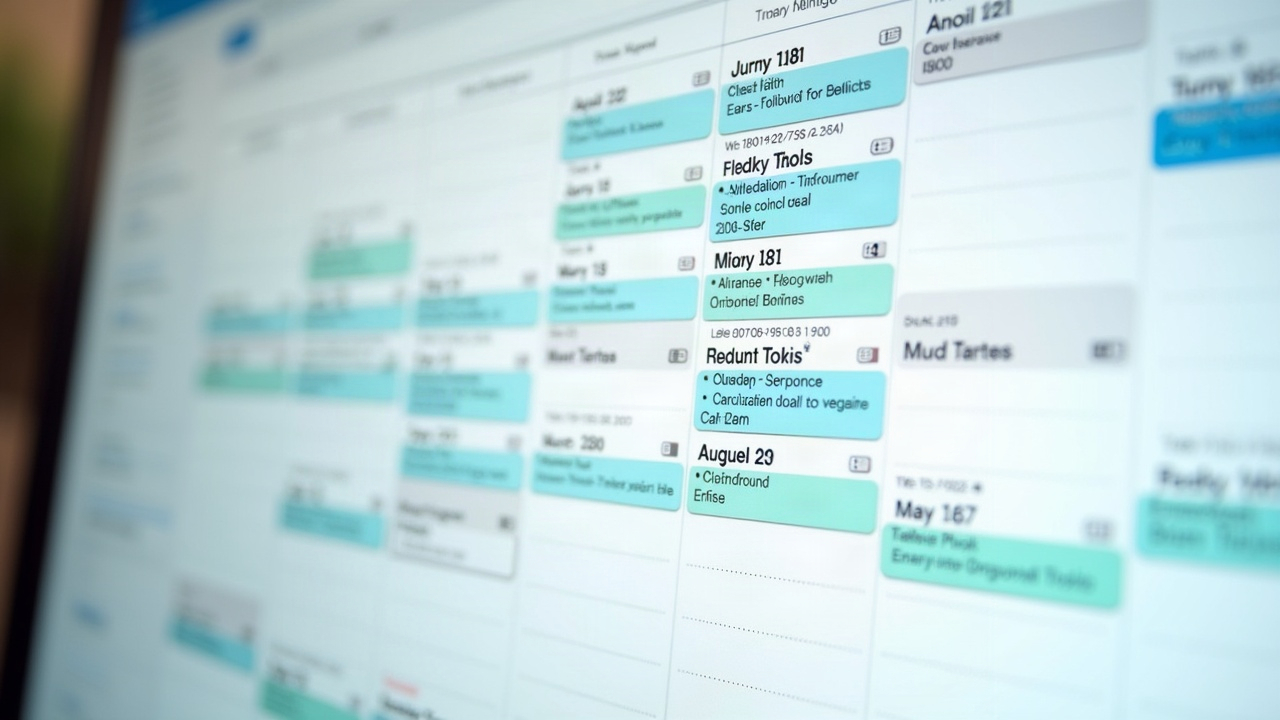 Calendar view showing April and May densely packed with pool installation appointments, consultation bookings, and follow-up tasks color-coded by stage