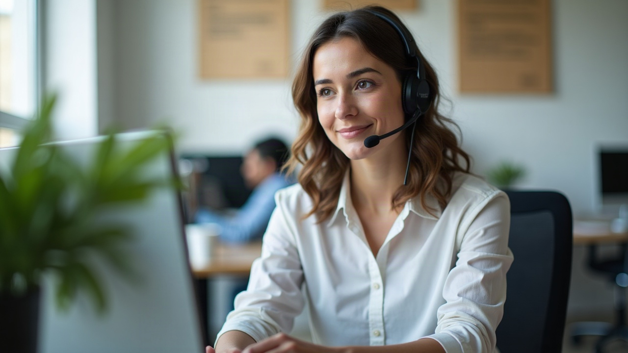Photo of a professional office team member on a headset in a clean, organized workspace — representing the front office team that handles follow-up