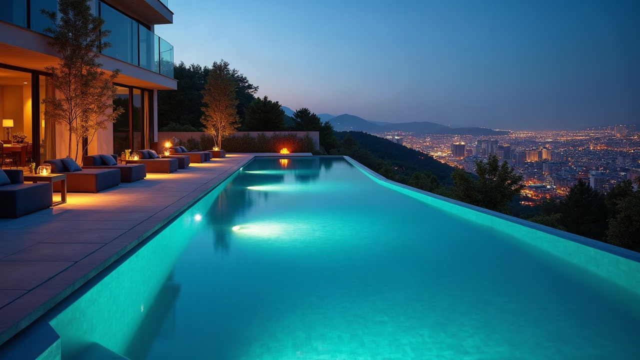 Elegant evening view of a high-end infinity pool with vanishing edge overlooking city lights, premium outdoor furniture and fire features visible