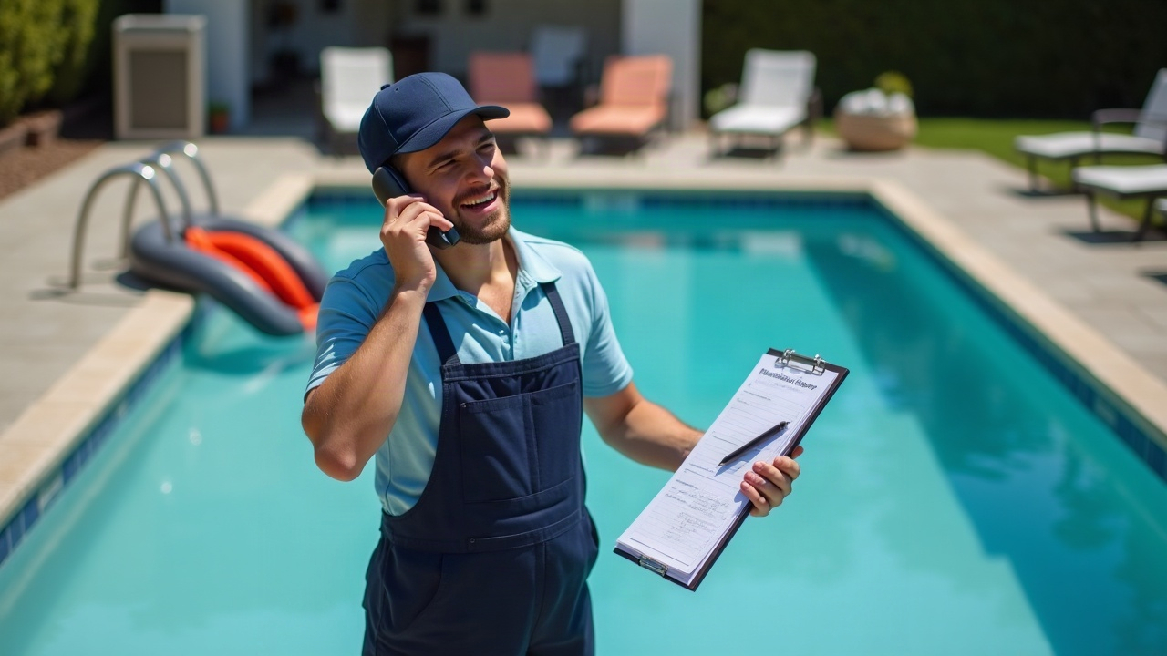 Overwhelmed pool service business owner in work uniform trying to juggle a phone, clipboard, and pool equipment, representing the chaos of handling calls while working