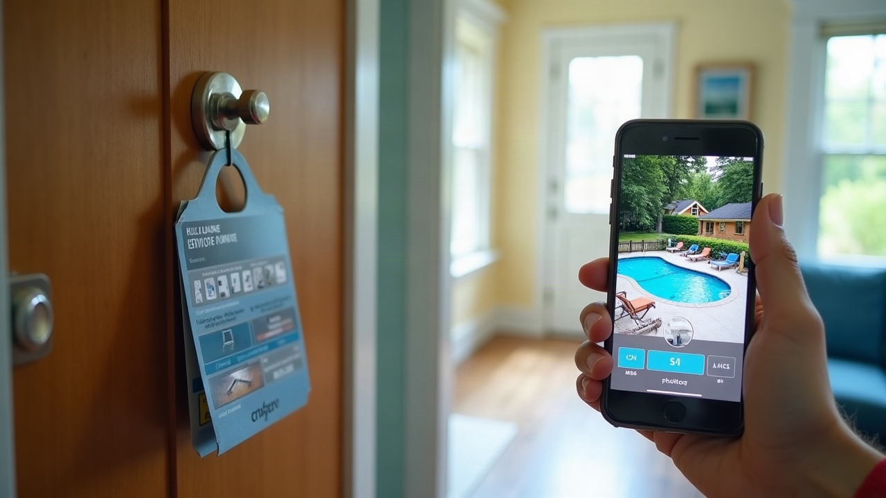 Split comparison showing cluttered pool service door hanger versus clean digital service report on phone screen with before-after photos