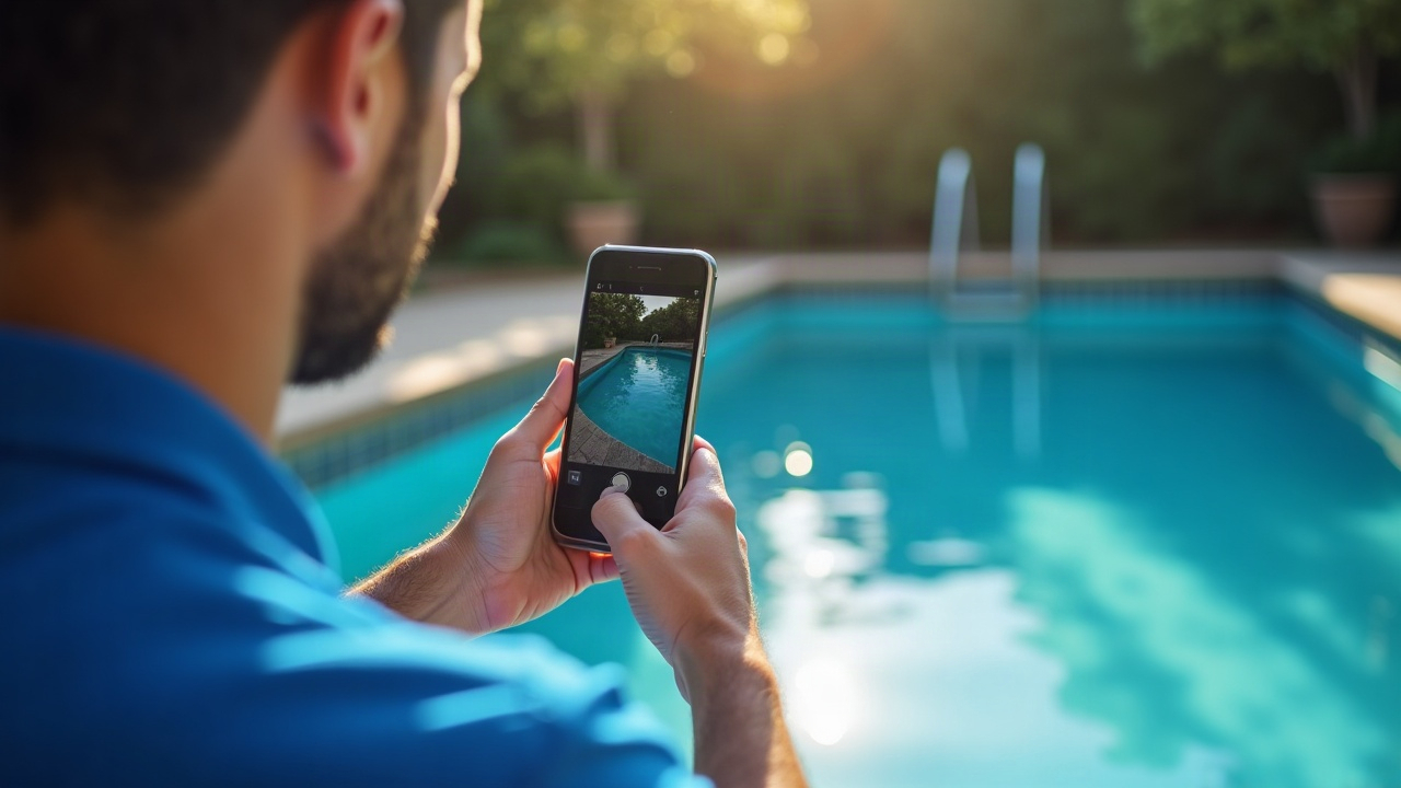 Pool service technician taking smartphone photo of pool water clarity for customer documentation