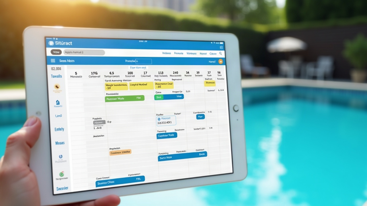Calendar interface showing a pool service schedule with color-coded appointments for openings, maintenance, and repairs, with incoming call notifications being routed to available time slots