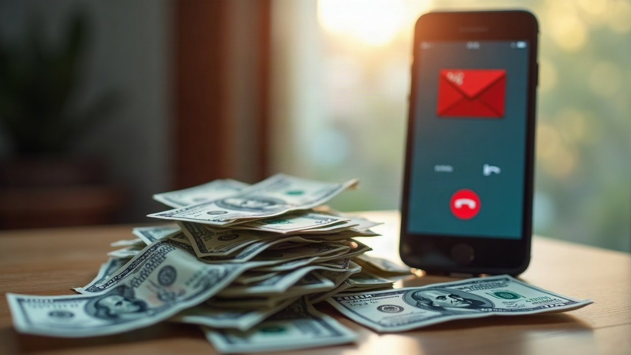 Split screen comparison showing pile of cash next to ringing phone going to voicemail with missed call notification
