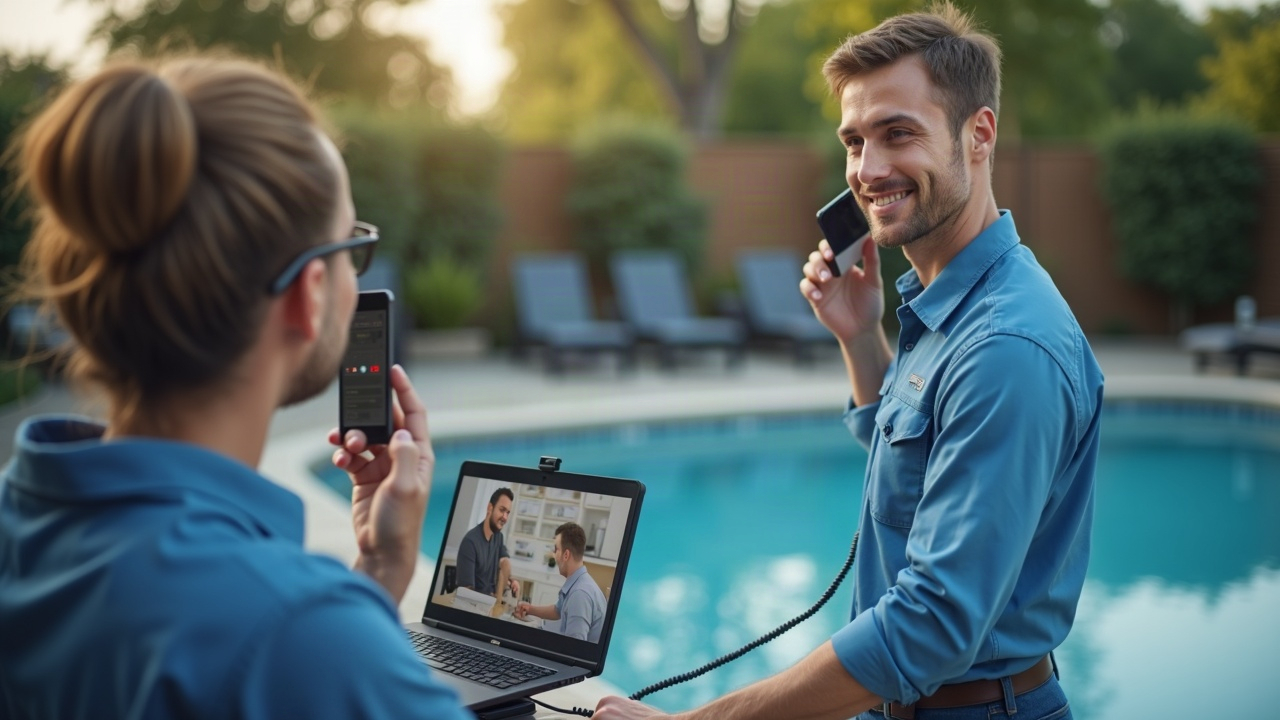 Pool service technician working confidently on equipment while phone call is being handled remotely by front office team on split screen