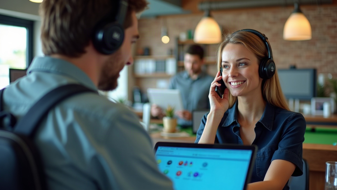 A split screen showing a pool store counter staff helping a customer in person while a headset-wearing team member handles a phone call in a separate office space