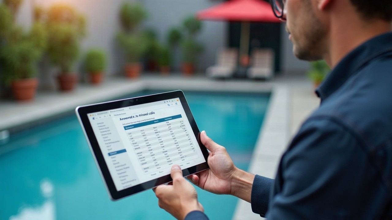 A pool store owner reviewing a call log report showing answered vs. missed calls with revenue impact calculations